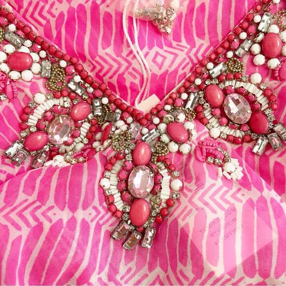 NWT Yumi Kim Maze Cover Up Jeweled Beaded Cinched Kaftan Hot Pink Sheer Size M/L - Picture 10 of 16